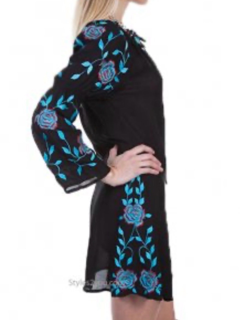 Scully Honey Creek Mini Dress with Turquoise Floral Embroidery